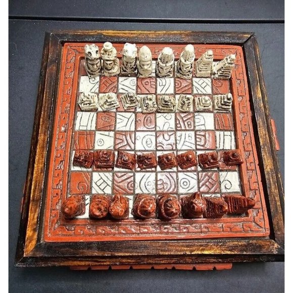 Vintage Mayan Aztec 7" Board Stone Wood Chess Set Handmade Red Drawer - Picture 1 of 10